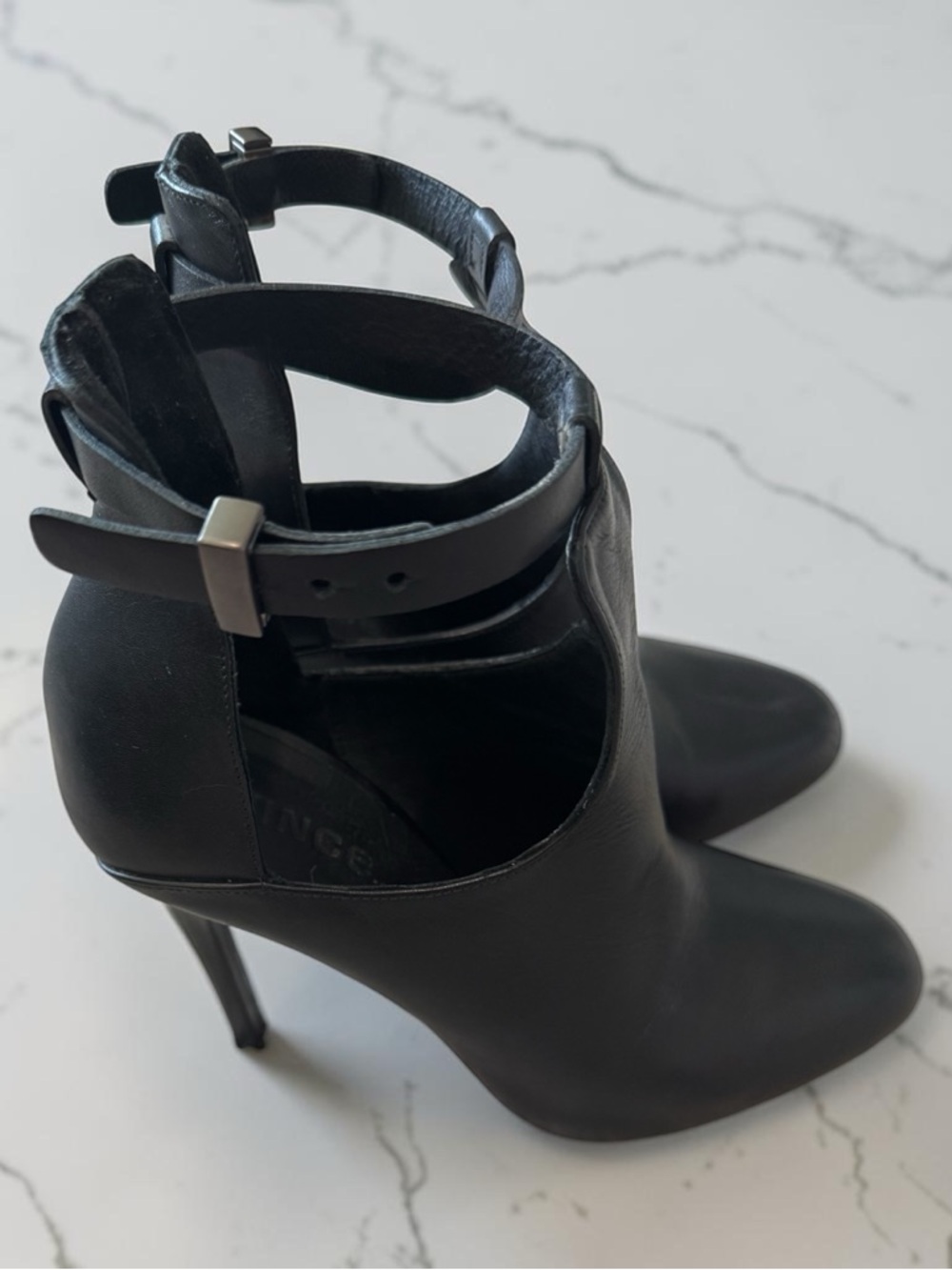 Vince Black Leather Pointed Toe Ankle Strap Stiletto Boots